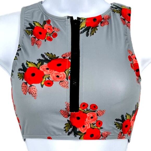 Tankini Top Classic Zipper in Silver and Rose Red Print Size X-Small - Picture 1 of 8